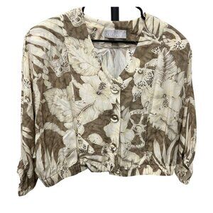 Vintage A.C. Sport Button-Up Cropped Blouse Brown Cream Floral Pattern